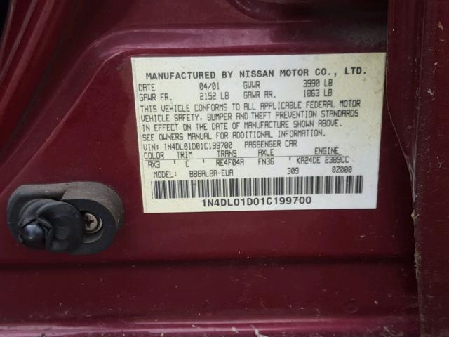 1N4DL01D01C199700 - 2001 NISSAN ALTIMA XE MAROON photo 10