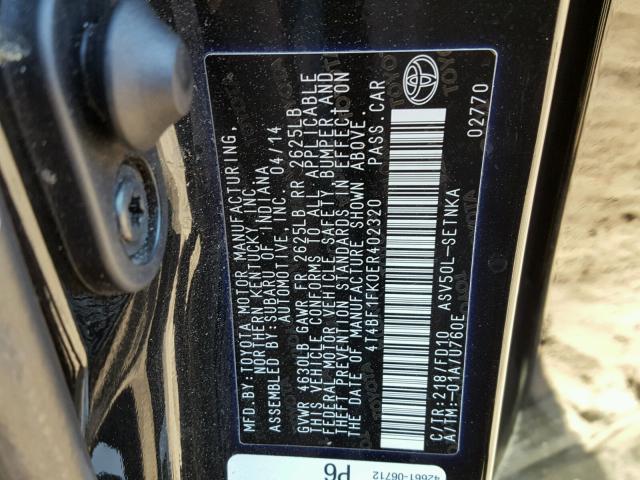 4T4BF1FK0ER402320 - 2014 TOYOTA CAMRY L BLACK photo 10