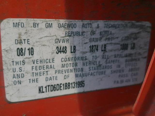 KL1TD6DE1BB131995 - 2011 CHEVROLET AVEO LS RED photo 10