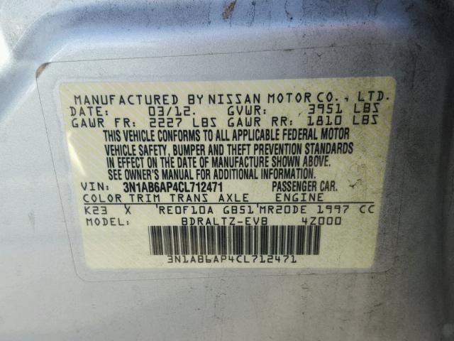 3N1AB6AP4CL712471 - 2012 NISSAN SENTRA 2.0 SILVER photo 10