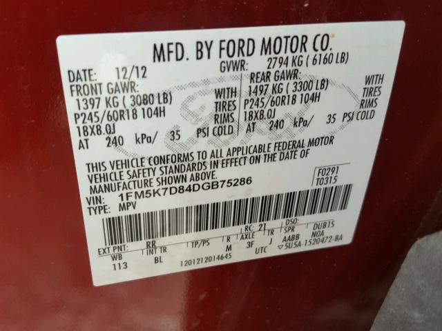 1FM5K7D84DGB75286 - 2013 FORD EXPLORER X RED photo 10