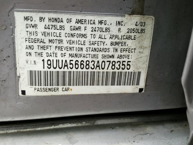 19UUA56683A078355 - 2003 ACURA 3.2TL SILVER photo 10