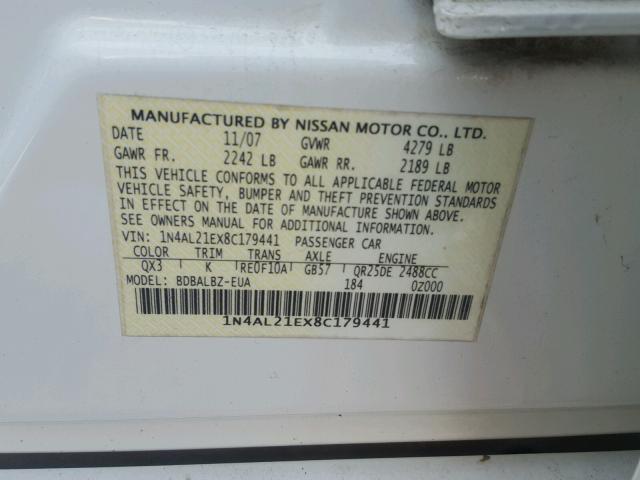 1N4AL21EX8C179441 - 2008 NISSAN ALTIMA 2.5 WHITE photo 10