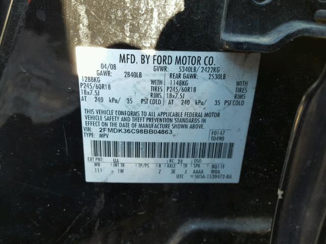 2FMDK36C98BB04863 - 2008 FORD EDGE SE BLACK photo 10