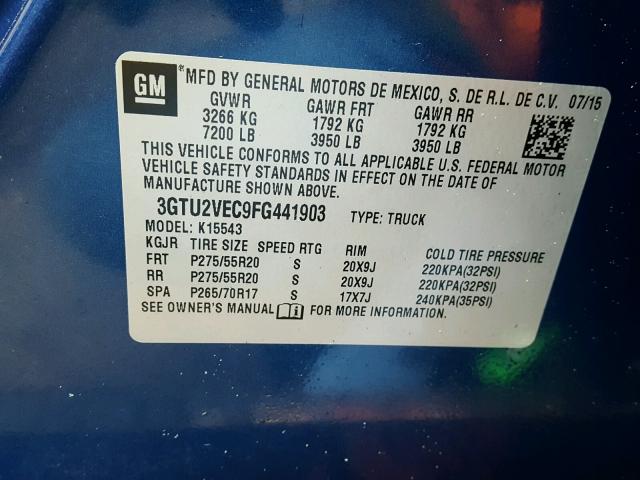 3GTU2VEC9FG441903 - 2015 GMC SIERRA K15 BLUE photo 10