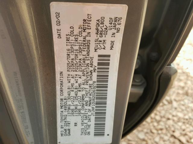 JTJHF10U620263278 - 2002 LEXUS RX 300 GRAY photo 10