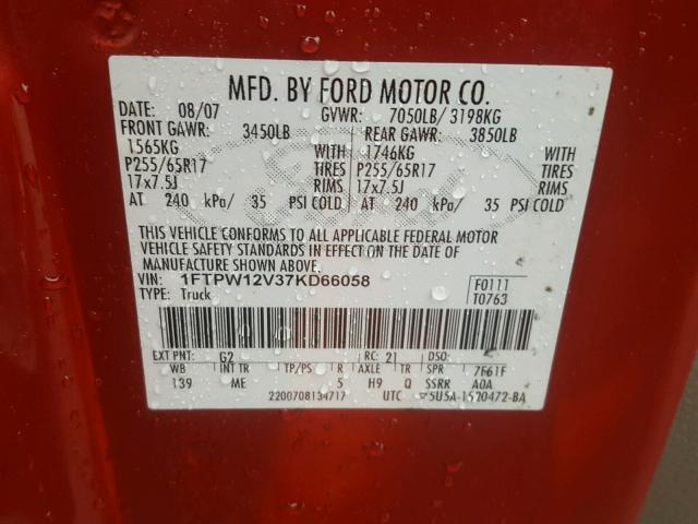 1FTPW12V37KD66058 - 2007 FORD F150 SUPER RED photo 10