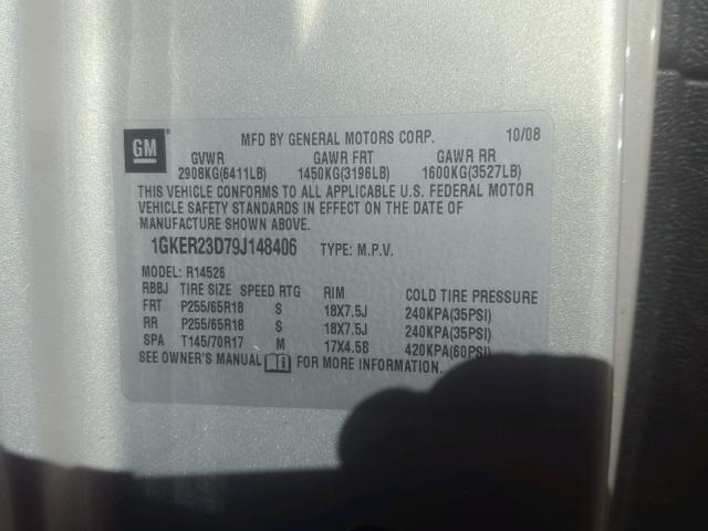 1GKER23D79J148406 - 2009 GMC ACADIA SLT ოქროსფერი ფოტო 10