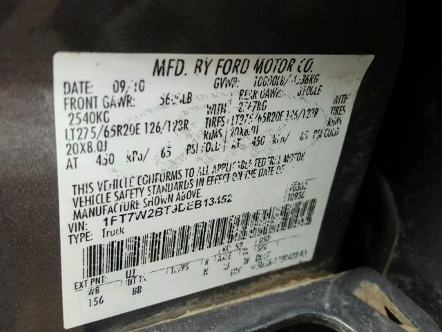 1FT7W2BT9BEB13452 - 2011 FORD F250 SUPER GRAY photo 10