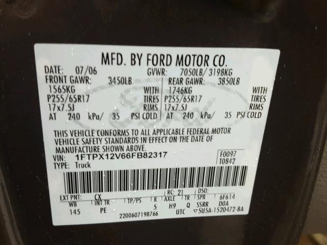 1FTPX12V66FB82317 - 2006 FORD F150 GREEN photo 10