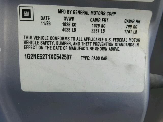 1G2NE52T1XC542507 - 1999 PONTIAC GRAND AM S ვერცხლისფერი ფოტო 10