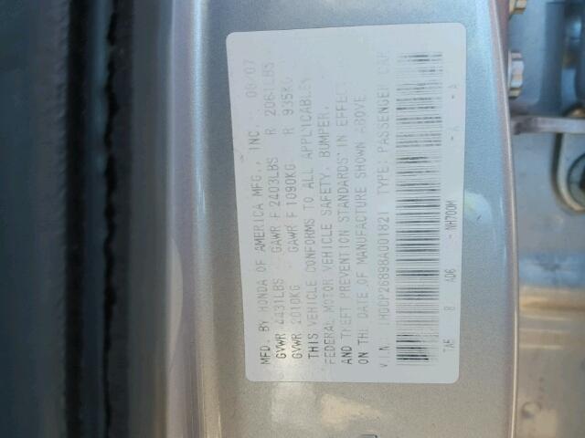 1HGCP26898A001821 - 2008 HONDA ACCORD EXL SILVER photo 10