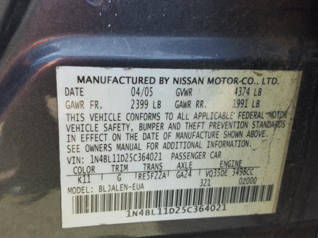 1N4BL11D25C364021 - 2005 NISSAN ALTIMA SE CHARCOAL photo 10