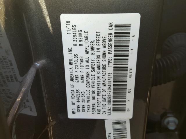 19UUB1F50HA007073 - 2017 ACURA TLX TECH GRAY photo 10