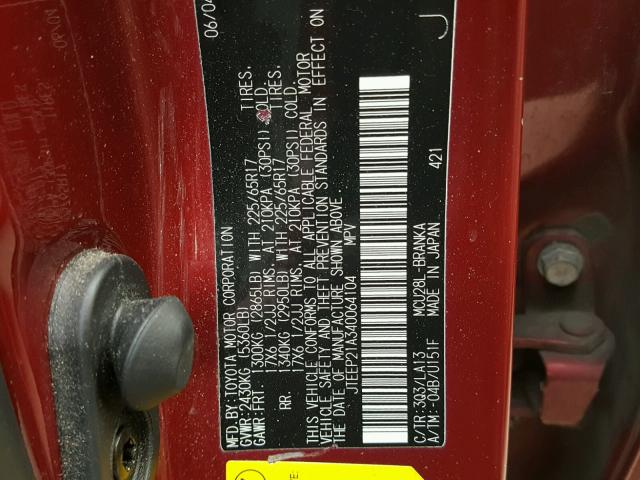 JTEEP21A340064104 - 2004 TOYOTA HIGHLANDER RED photo 10