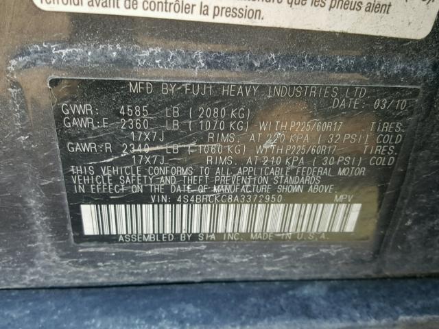 4S4BRCKC8A3372950 - 2010 SUBARU OUTBACK 2. GRAY photo 10