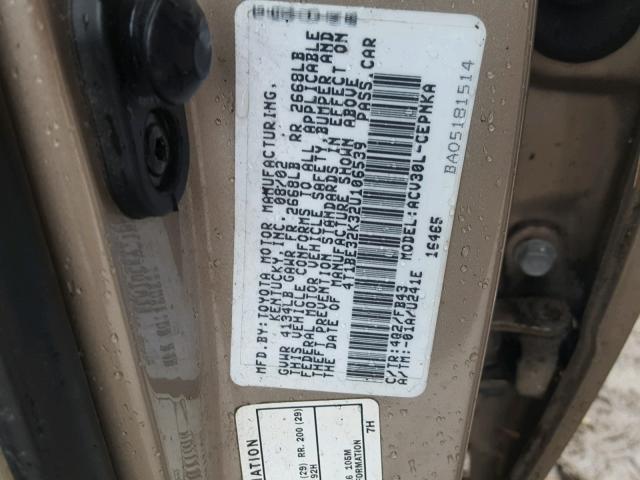 4T1BE32K32U106539 - 2002 TOYOTA CAMRY LE CREAM photo 10