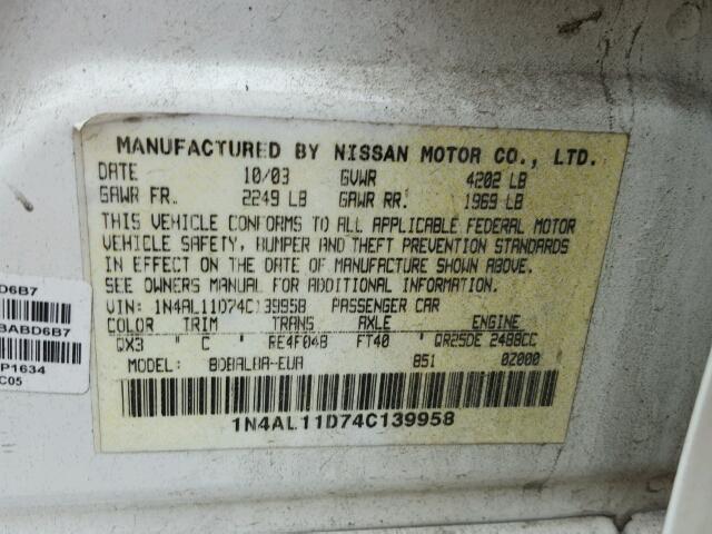 1N4AL11D74C139958 - 2004 NISSAN ALTIMA BAS WHITE photo 10