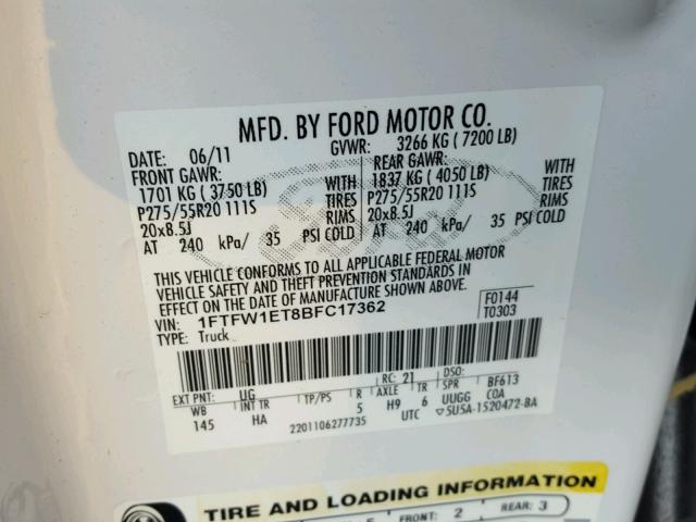 1FTFW1ET8BFC17362 - 2011 FORD F150 SUPER WHITE photo 10
