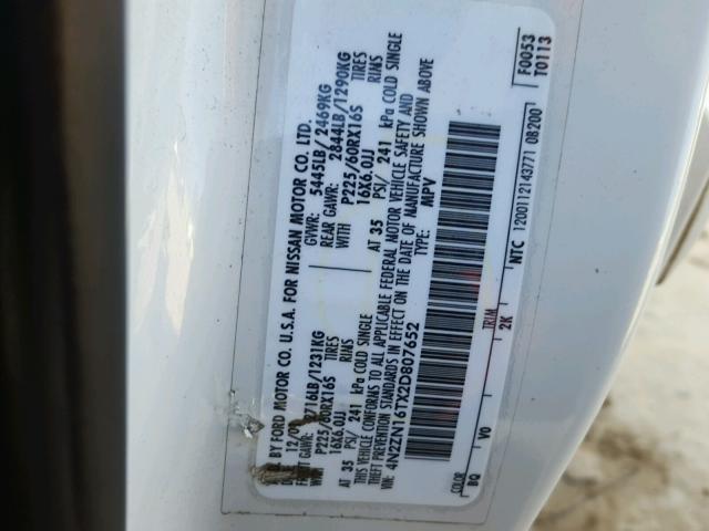 4N2ZN16TX2D807652 - 2002 NISSAN QUEST SE WHITE photo 10