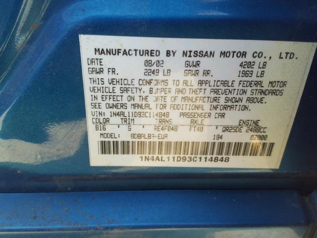 1N4AL11D93C114848 - 2003 NISSAN ALTIMA BAS BLUE photo 10