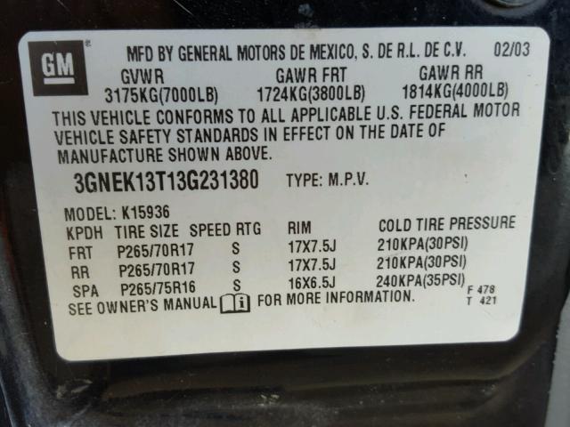 3GNEK13T13G231380 - 2003 CHEVROLET AVALANCHE BLACK photo 10