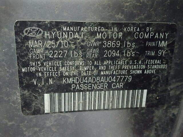 KMHDU4AD8AU047779 - 2010 HYUNDAI ELANTRA BL GRAY photo 10