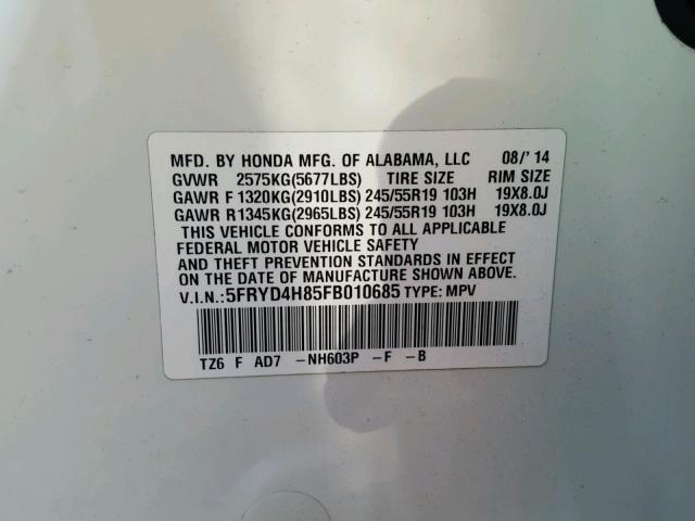 5FRYD4H85FB010685 - 2015 ACURA MDX ADVANC WHITE photo 10