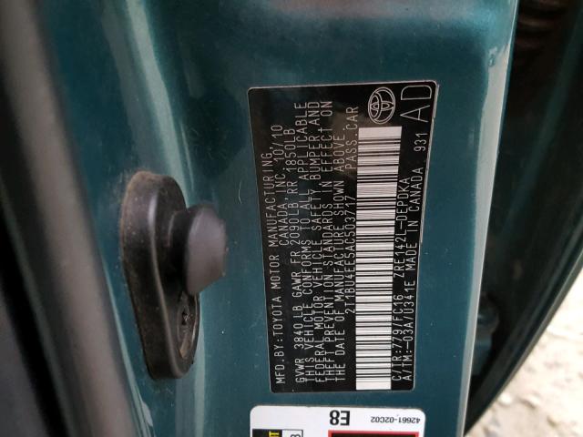 2T1BU4EE5AC503717 - 2010 TOYOTA COROLLA BA GREEN photo 10