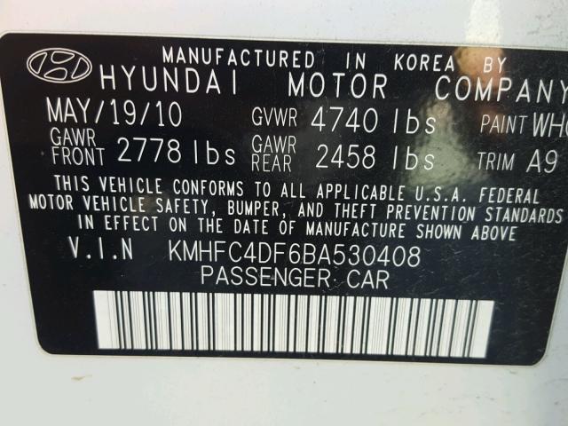 KMHFC4DF6BA530408 - 2011 HYUNDAI AZERA GLS WHITE photo 10