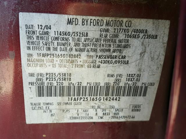 1FAFP25165G142442 - 2005 FORD FIVE HUNDR MAROON photo 10