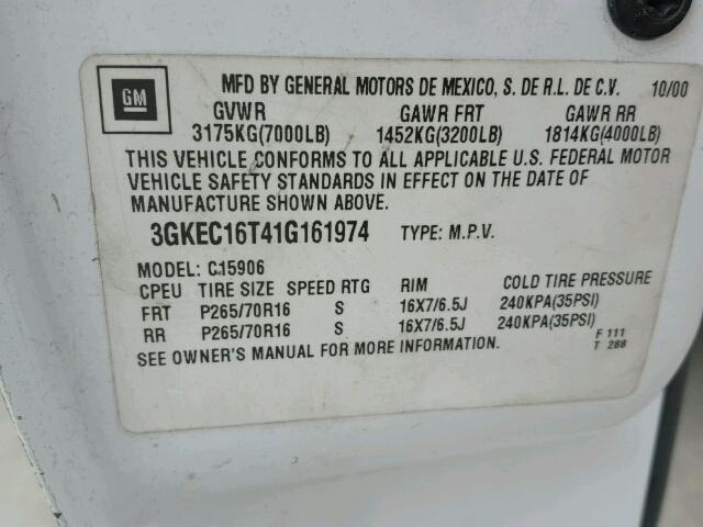 3GKEC16T41G161974 - 2001 GMC YUKON XL C WHITE photo 10