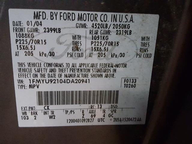 1FMYU92104DA20941 - 2004 FORD ESCAPE XLS BURN photo 10