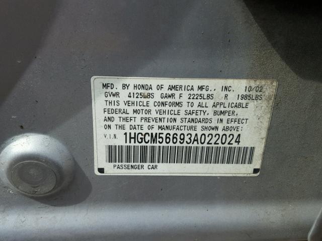 1HGCM56693A022024 - 2003 HONDA ACCORD EX SILVER photo 10