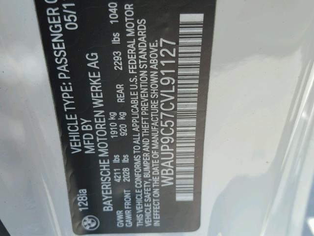 WBAUP9C57CVL91127 - 2012 BMW 128 I თეთრი ფოტო 10