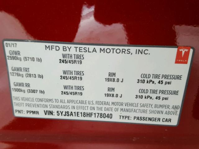 5YJSA1E18HF178040 - 2017 TESLA MODEL S RED photo 10