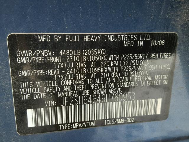 JF2SH64649H760953 - 2009 SUBARU FORESTER 2 BLUE photo 10