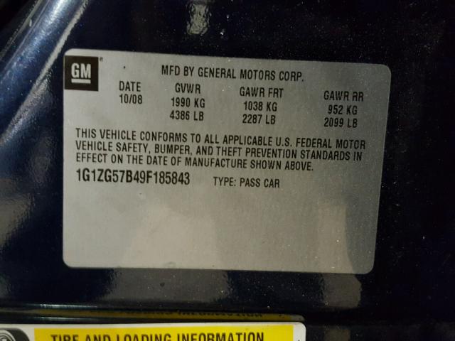 1G1ZG57B49F185843 - 2009 CHEVROLET MALIBU LS ლურჯი ფოტო 10