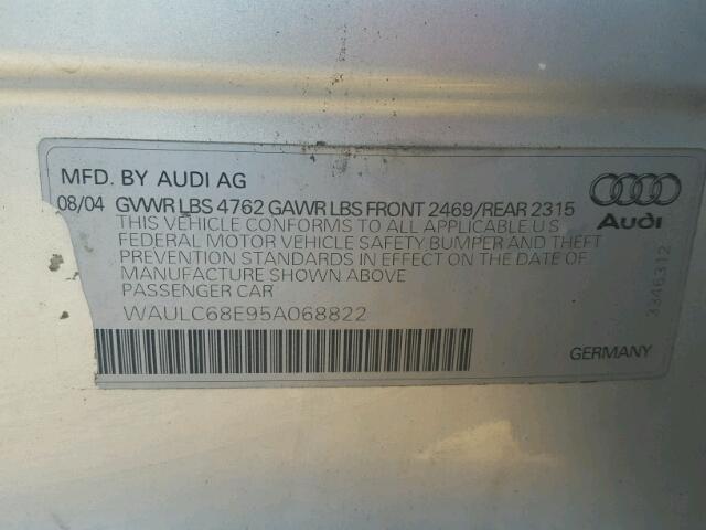 WAULC68E95A068822 - 2005 AUDI A4 1.8T QU SILVER photo 10