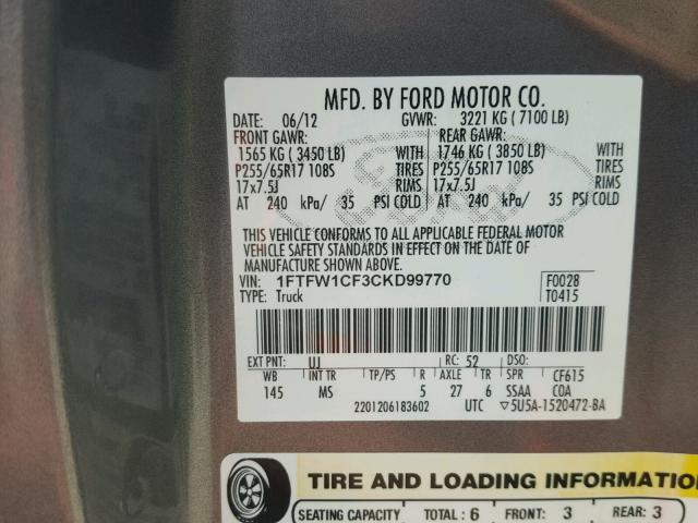 1FTFW1CF3CKD99770 - 2012 FORD F150 SUPER CHARCOAL photo 10