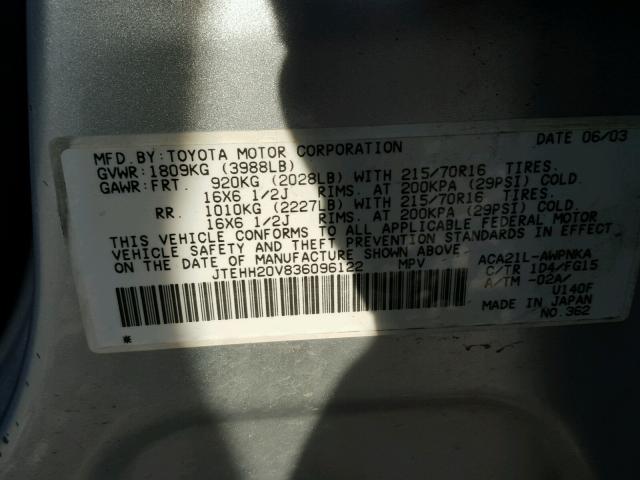 JTEHH20V836096122 - 2003 TOYOTA RAV4 SILVER photo 10