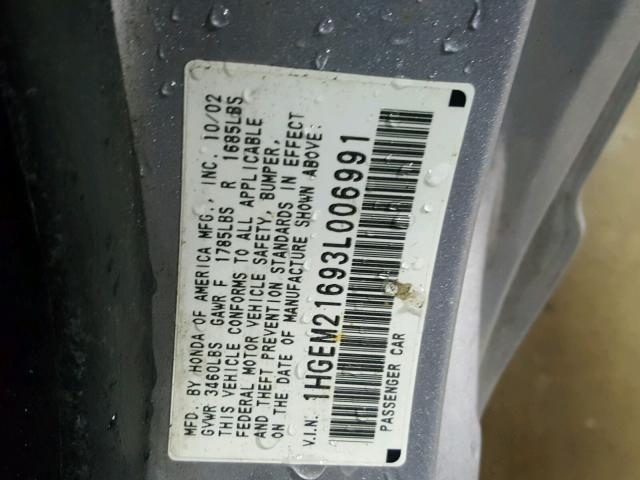 1HGEM21693L006991 - 2003 HONDA CIVIC LX SILVER photo 10