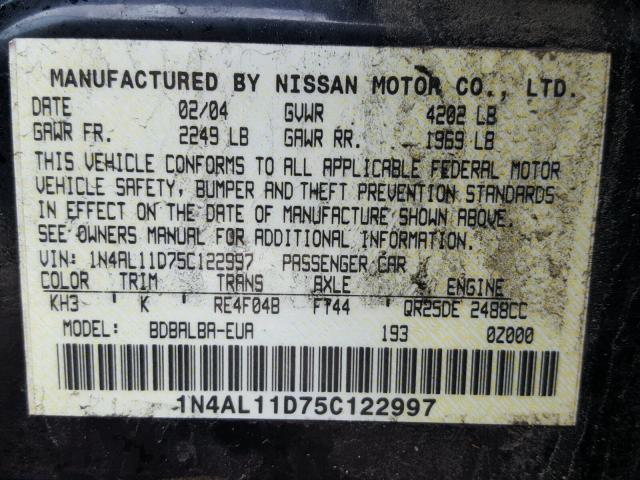 1N4AL11D75C122997 - 2005 NISSAN ALTIMA S BLACK photo 10