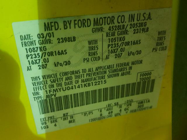 1FMYU04141KB12215 - 2001 FORD ESCAPE XLT YELLOW photo 10