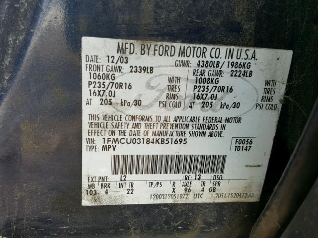 1FMCU03184KB51695 - 2004 FORD ESCAPE XLT BLUE photo 10