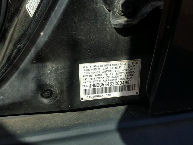 JHMCG56482C004961 - 2002 HONDA ACCORD LX BLACK photo 10