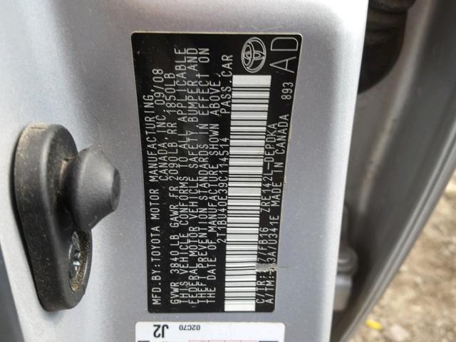 2T1BU40E39C114514 - 2009 TOYOTA COROLLA BA SILVER photo 10