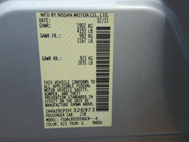 1N4AZ0CP3FC326973 - 2015 NISSAN LEAF S SILVER photo 10