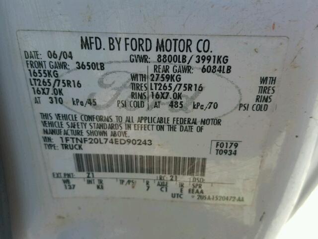 1FTNF20L74ED90243 - 2004 FORD F250 SUPER WHITE photo 10