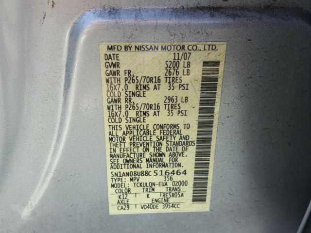 5N1AN08U88C516464 - 2008 NISSAN XTERRA OFF SILVER photo 10